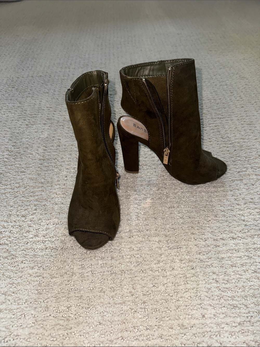 BAMBOO Olive Green Suede Peep-Toe Ankle Booties